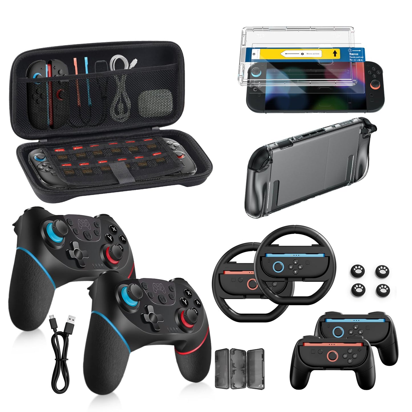 Switch 2 Pro Controllers Accessories Bundle for Nintendo 17-in-1: Carrying Case, Screen Protector, Thumb Grip for Joycon, Dockable Console Protective Cover Shell, Steering Wheel, 2025 Switch2 Game Kit