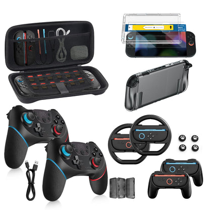 Switch 2 Pro Controllers Accessories Bundle for Nintendo 17-in-1: Carrying Case, Screen Protector, Thumb Grip for Joycon, Dockable Console Protective Cover Shell, Steering Wheel, 2025 Switch2 Game Kit