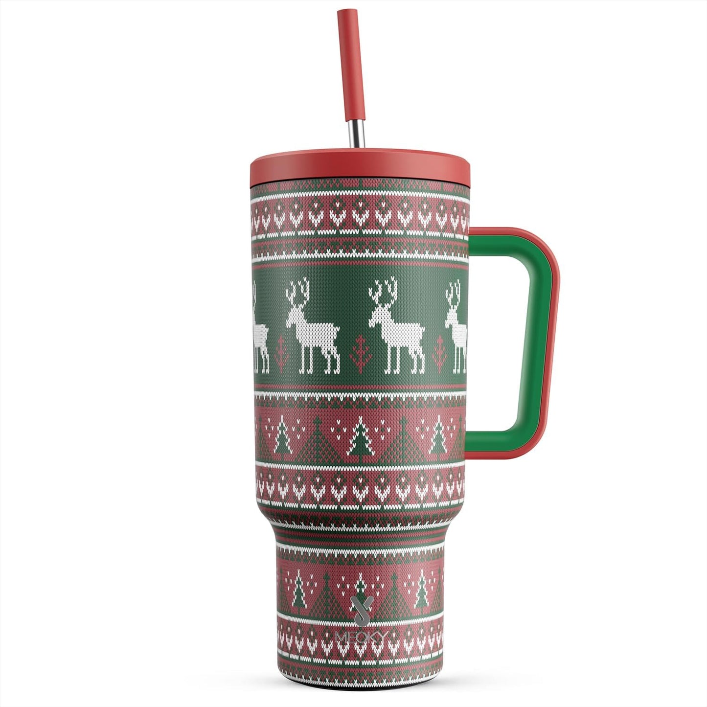Meoky 40 oz Christmas Tumbler with Handle and Straw, Xmas Tumbler with Lid and Straw, Insulated Stainless Steel Travel Mug, Christmas Gifts for Women Men Adults (Jolly Reindeer)