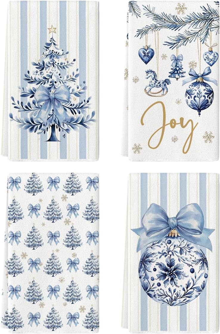 Artoid Mode Blue Porcelain Ornaments Xmas Tree Christmas Kitchen Towels Dish Towels, 18x26 Inch Farmhouse Holiday Winter Decoration Cleaning Set of 4