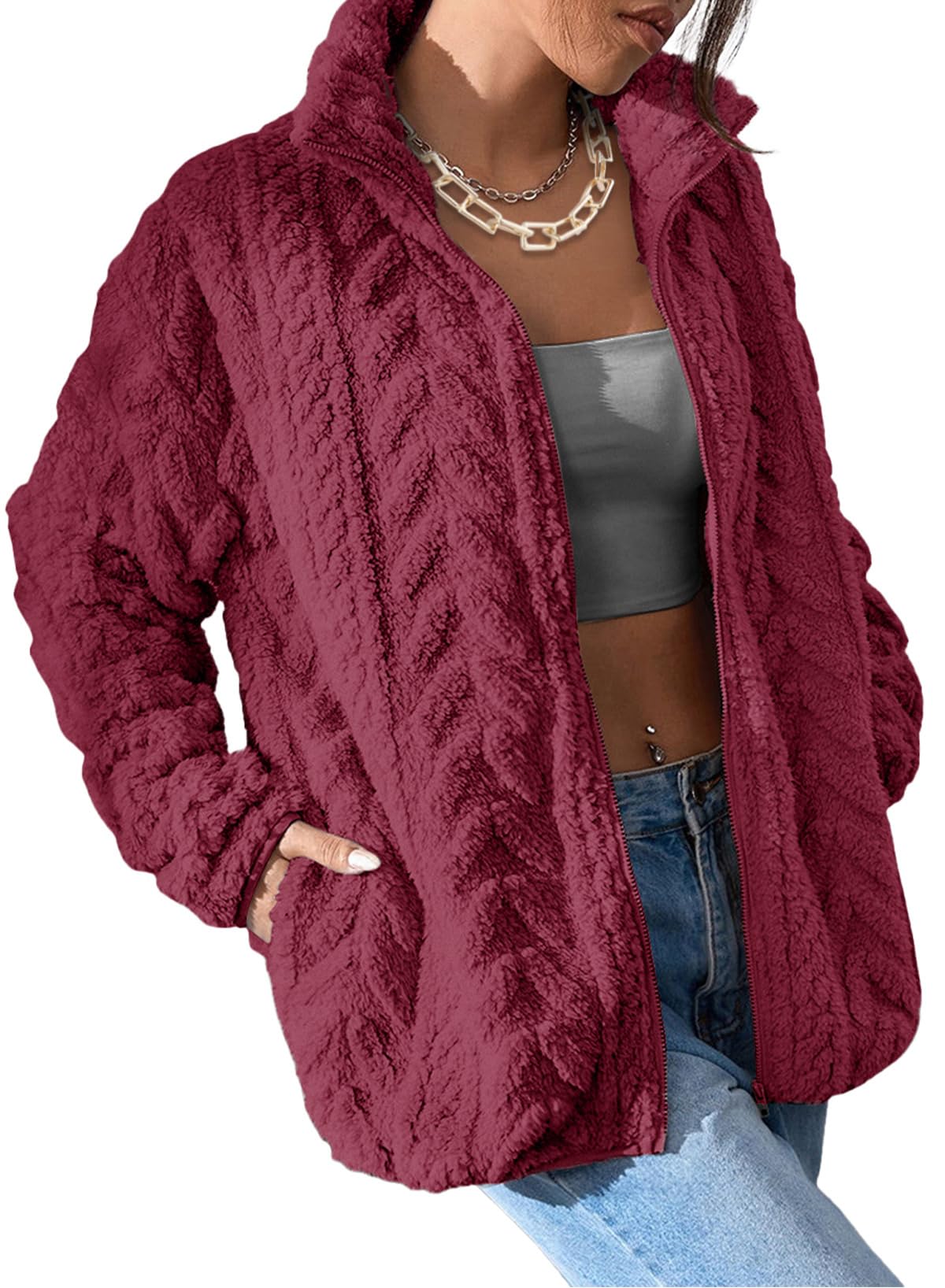 Dokotoo Winter Fleece Jacket for Women 2025 Zipper Stand Collar Casual Coats with Pockets