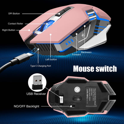 Bluetooth Gaming Mouse, RGB Rechargeable USB Wireless Mouse, Quiet Click, LED Backlit, Ergonomic, with Side Button, 6 Button, DPI Adjustable, Computer Mice for Laptop PC MacBook Chromebook - Grey