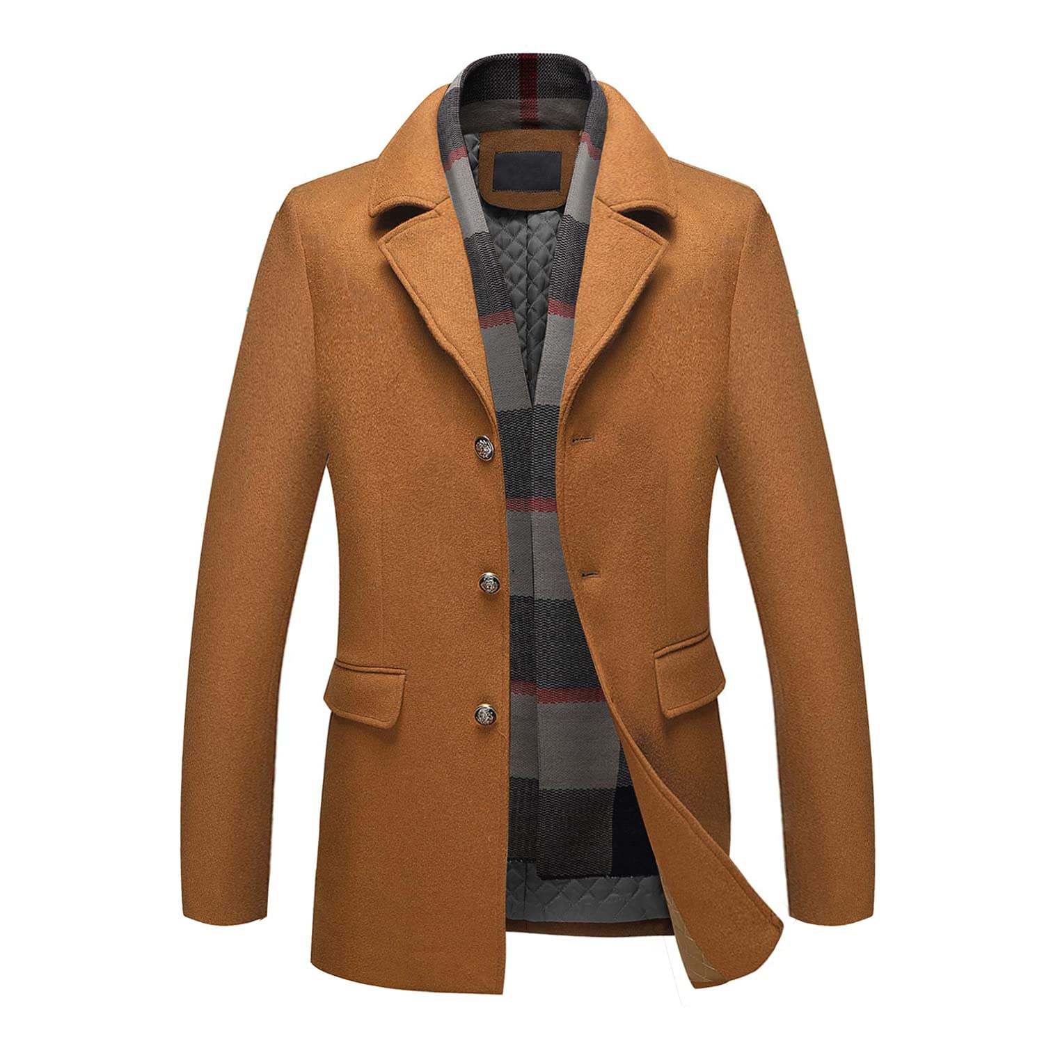 INVACHI Men's Wool Blend Pea Coat Warm Winter Trench Coat with Detachable Soft Scarf Single Breasted Overcoat