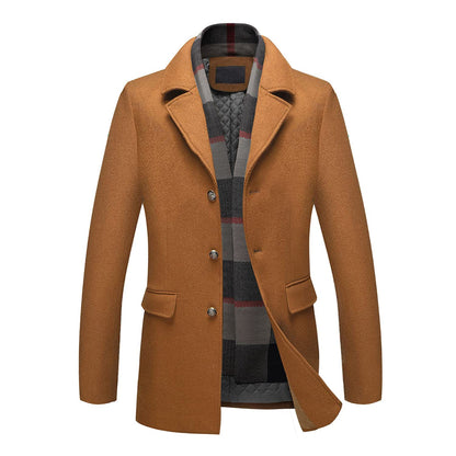 INVACHI Men's Wool Blend Pea Coat Warm Winter Trench Coat with Detachable Soft Scarf Single Breasted Overcoat