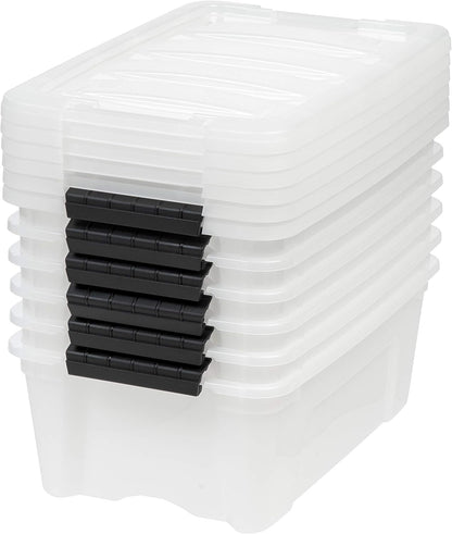 IRIS USA 13 Qt Stackable Plastic Storage Bins with Lids, 6 Pack - BPA-Free, Made in USA - Discreet Organizing Solution, Latches, Durable Nestable Containers, Secure Pull Handle - Pearl
