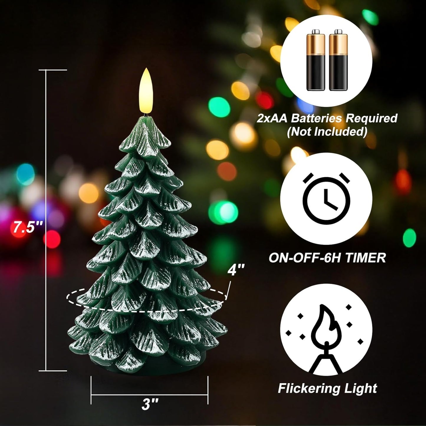 Christmas Decorations Indoor, Christmas Decor - Christmas Tree Candles Battery Operated, Flameless LED Candle Lights with 6H Timer, Xmas Home Decor, Set of 2(Green)