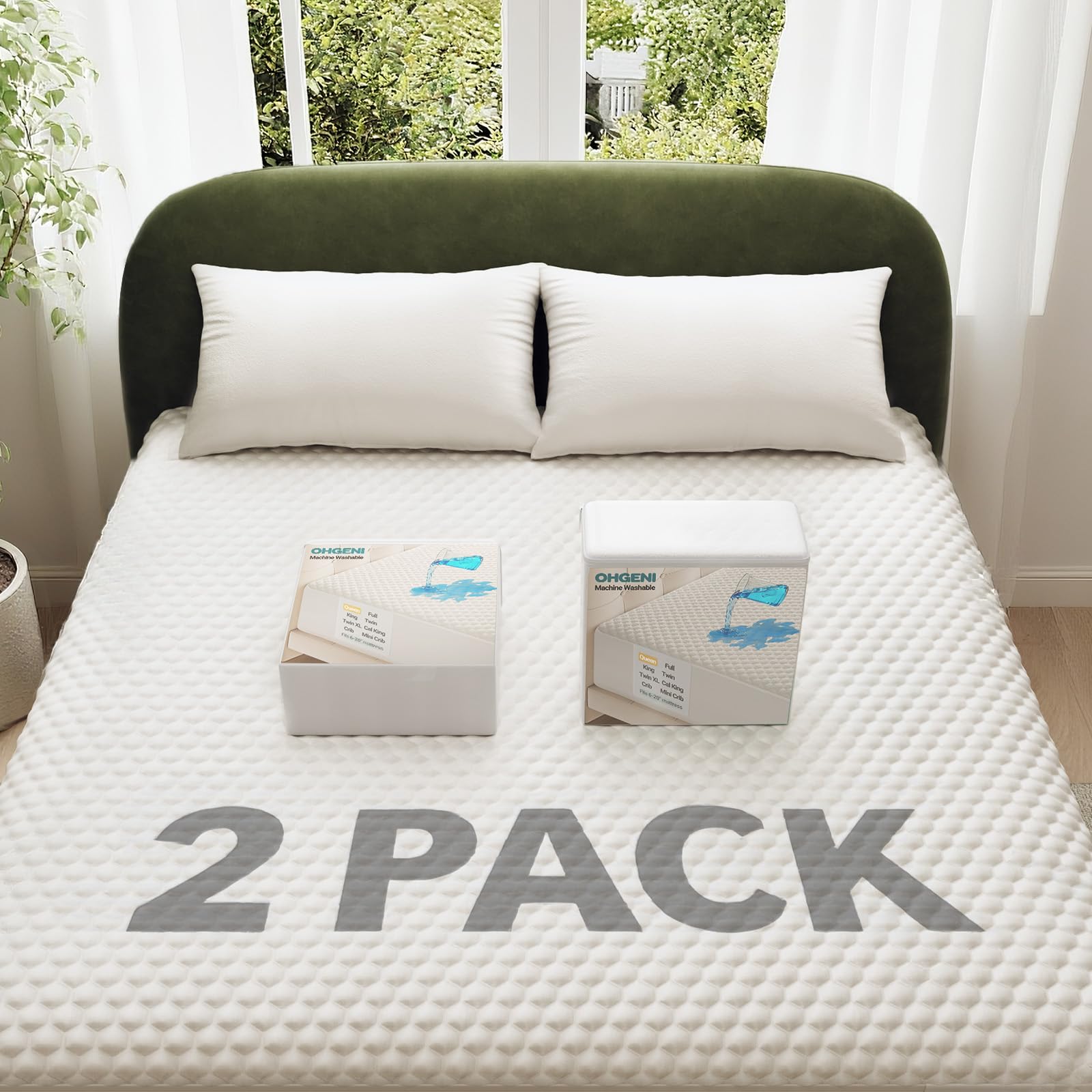 OhGeni 100% Waterproof Mattress Protector, Queen Size Mattress Pad, Fits 6"-20" Mattresses with Deep Pocket, Cooling, Breathable Fitted Sheets, Soft Bed Cover, Noiseless, Machine Washable