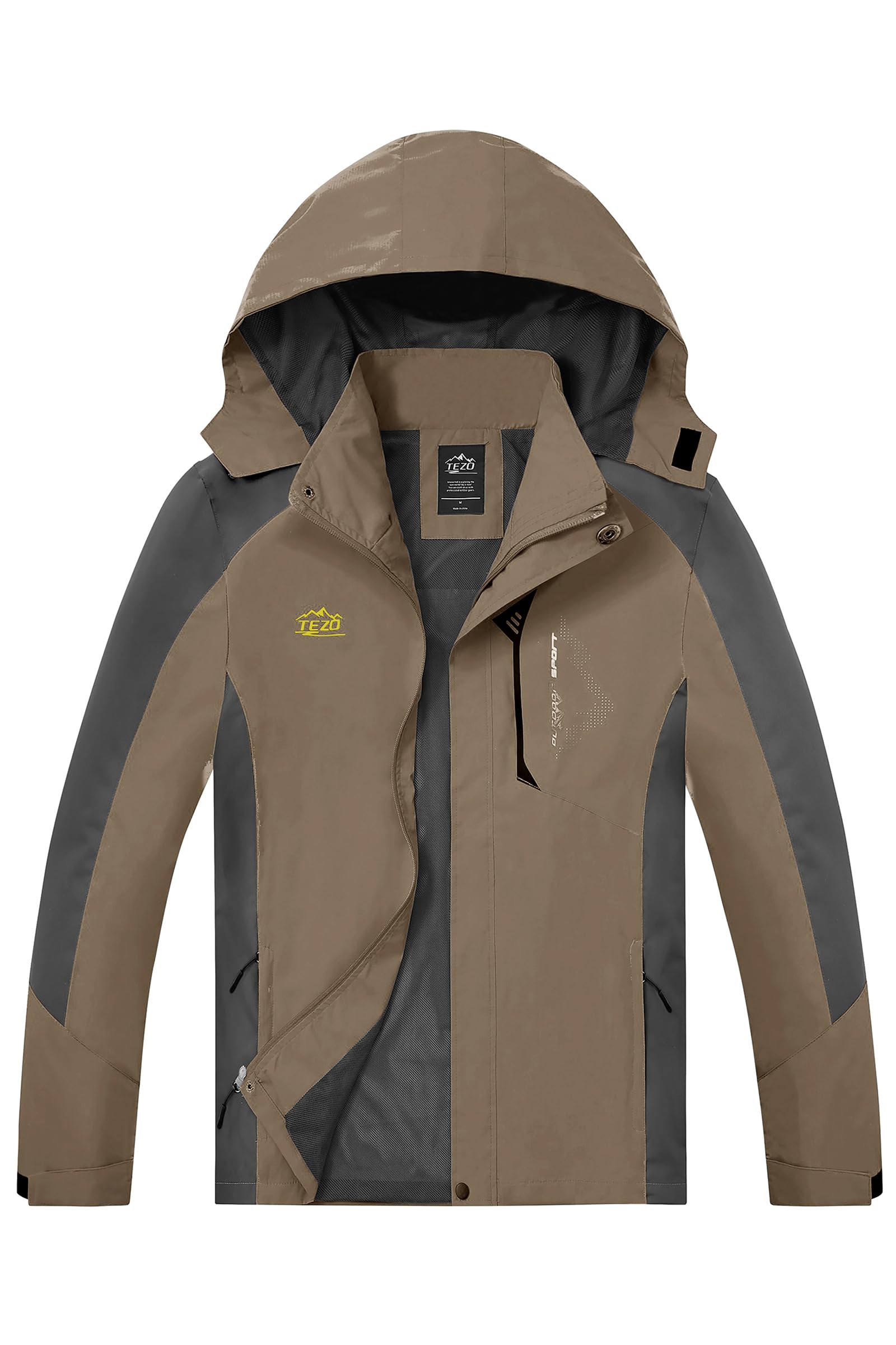 TEZO Mens Rain Jacket Waterproof with Hooded Hiking Coat Lightweight Windbreaker