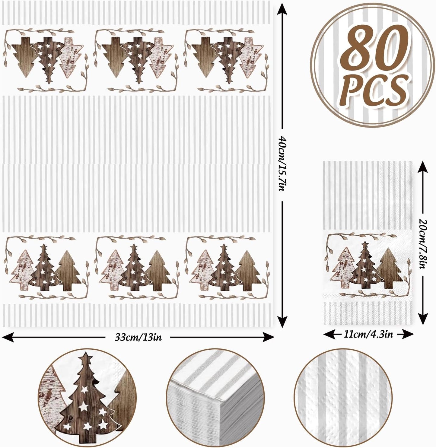 80 Pack Merry Christmas Guest Napkins Brown Grey Striped Christmas Tree Disposable Paper Napkin Xmas Holiday Party Dinner Decor Hand Napkin Towel for Home Kitchen Bathroom, 13 x 15.7 Inch