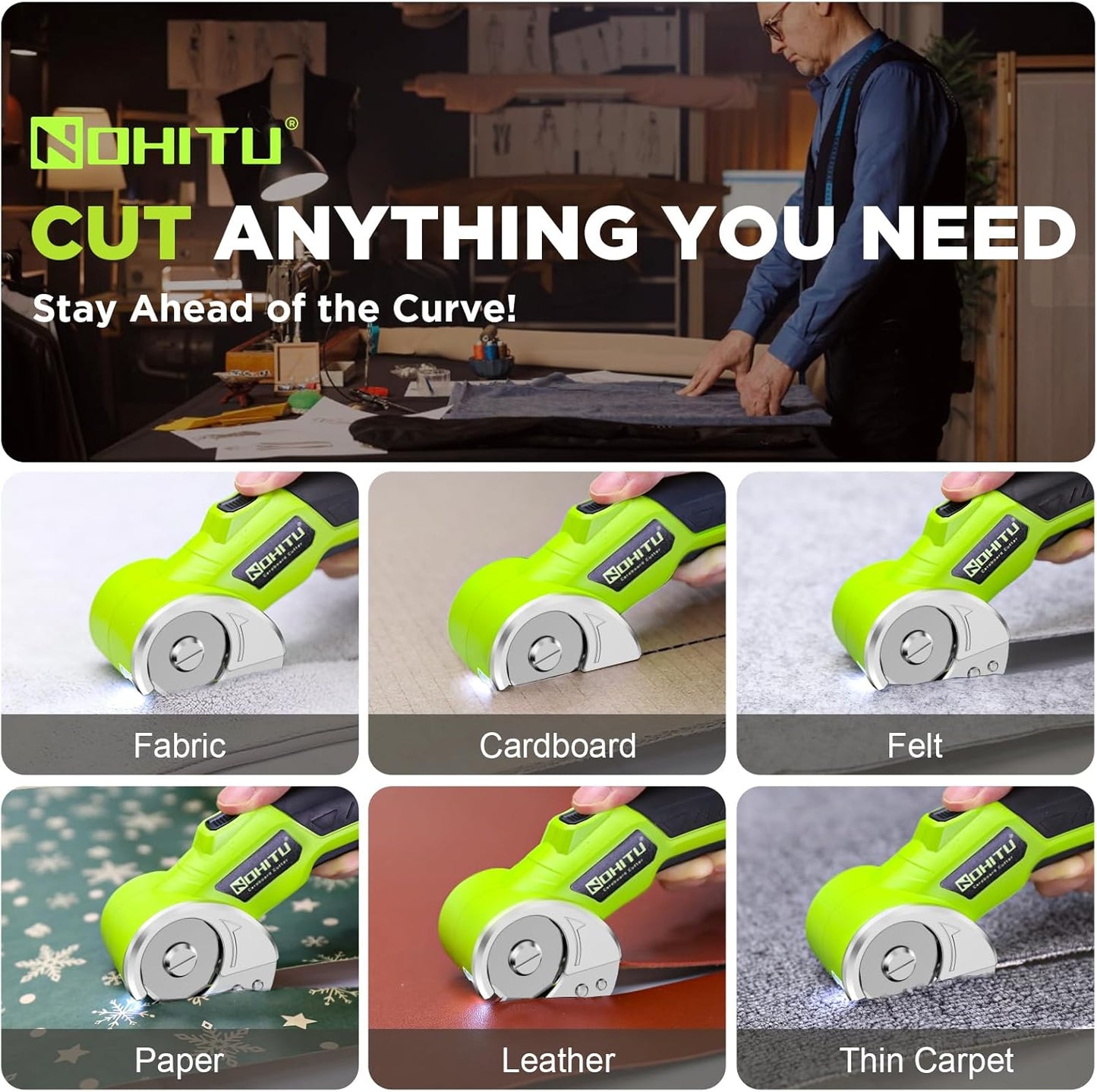 Cordless Electric Scissors: 4V Rechargeable Rotary Cardboard Cutter, 3000mAh Battery, with LED Light, 2 Blades, Box Cutter for Fabric Carpet Carton Plastic Leather Cloth