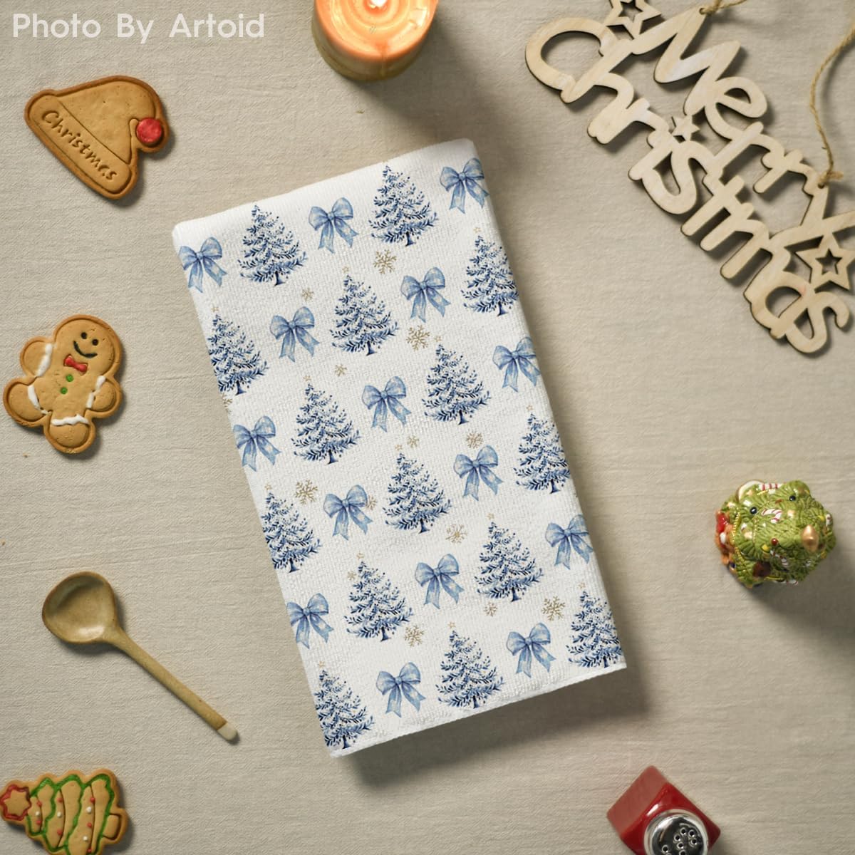 Artoid Mode Blue Porcelain Ornaments Xmas Tree Christmas Kitchen Towels Dish Towels, 18x26 Inch Farmhouse Holiday Winter Decoration Cleaning Set of 4