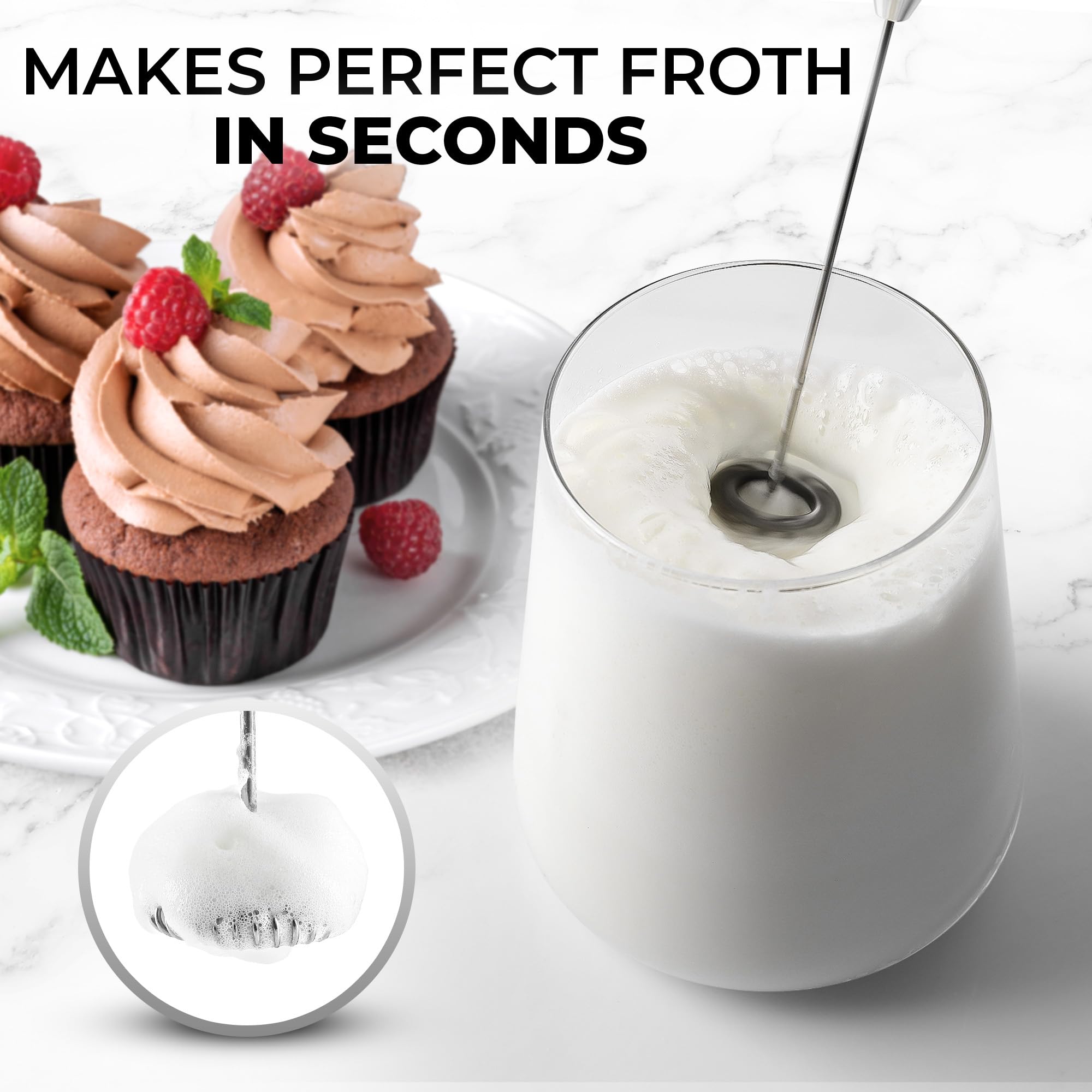 Zulay Kitchen Powerful Milk Frother Wand With 2 Duracell Batteries - Ultra Fast Handheld Drink Mixer - Electric Whisk Foam Maker for Coffee, Lattes, Cappuccino, Matcha, Hot Chocolate & Creamer - Black