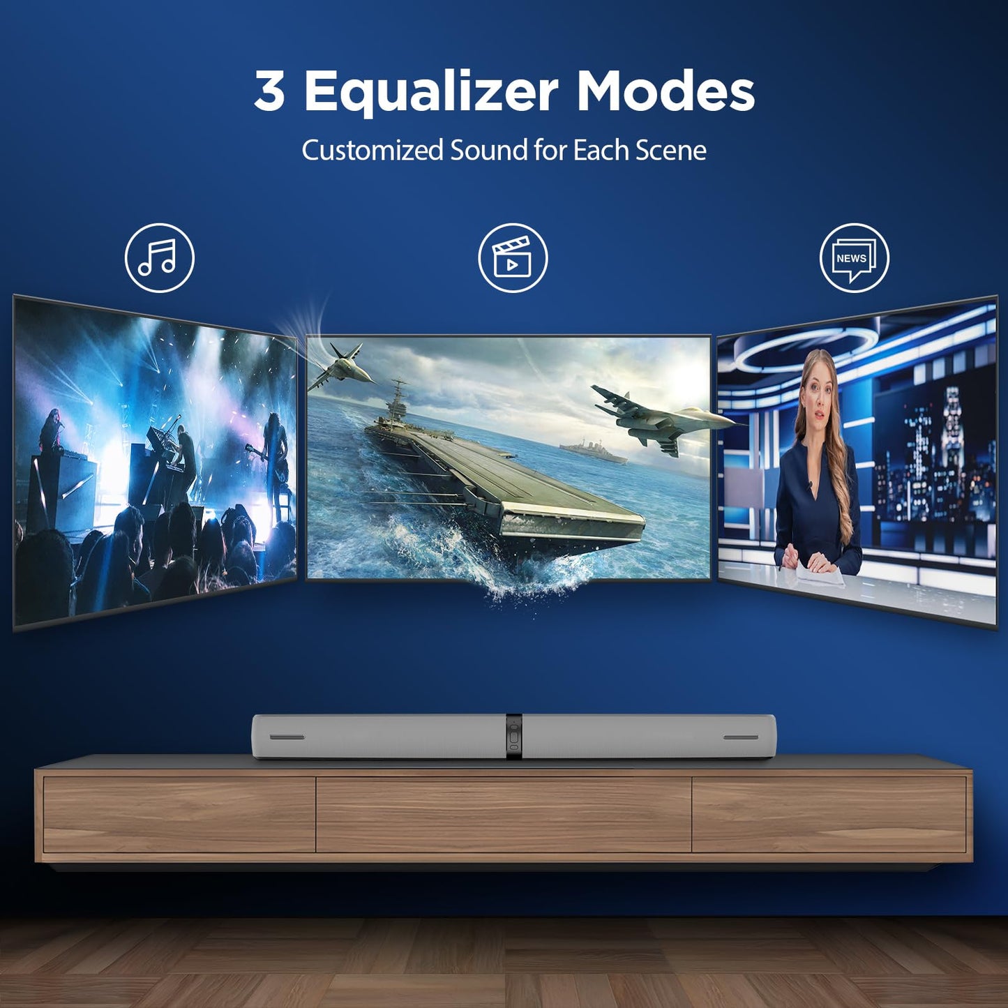 Sound Bar for Smart TV,90W Soundbar with Bluetooth/ARC/Optical/AUX Connect, Auto Volume Boost, 3 Customizable Equalizer Modes, 2 in 1 Detachable Soundbar for TV/PC/Gaming/Projectors