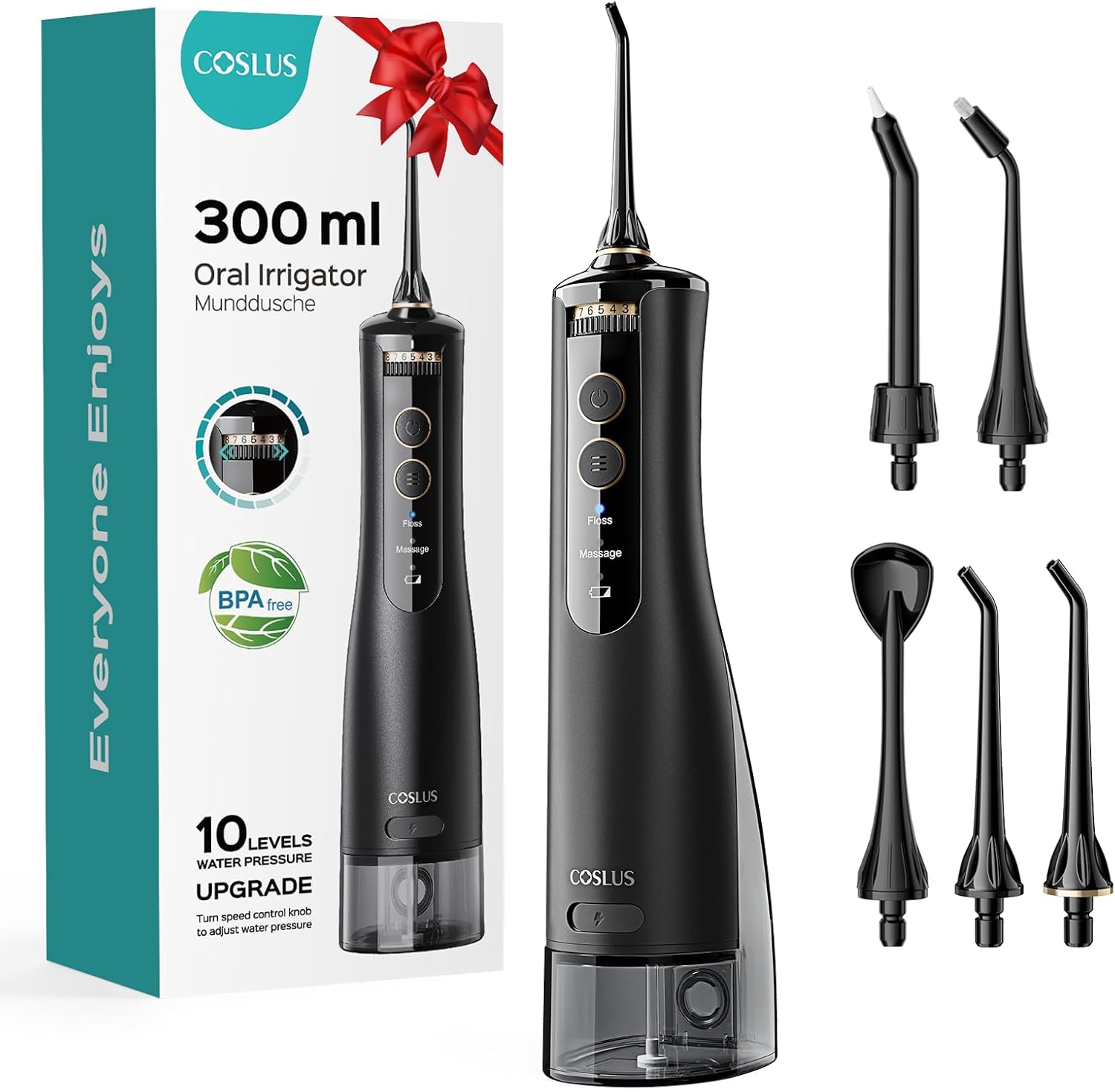 COSLUS Cordless Water Flosser & Dental Pick for Teeth, Braces, Gums Care - Advanced 10 Pressure Settings for Multiple Users, Rechargeable, Portable for Travel, BPA-Free, Black, E40(WFP14)