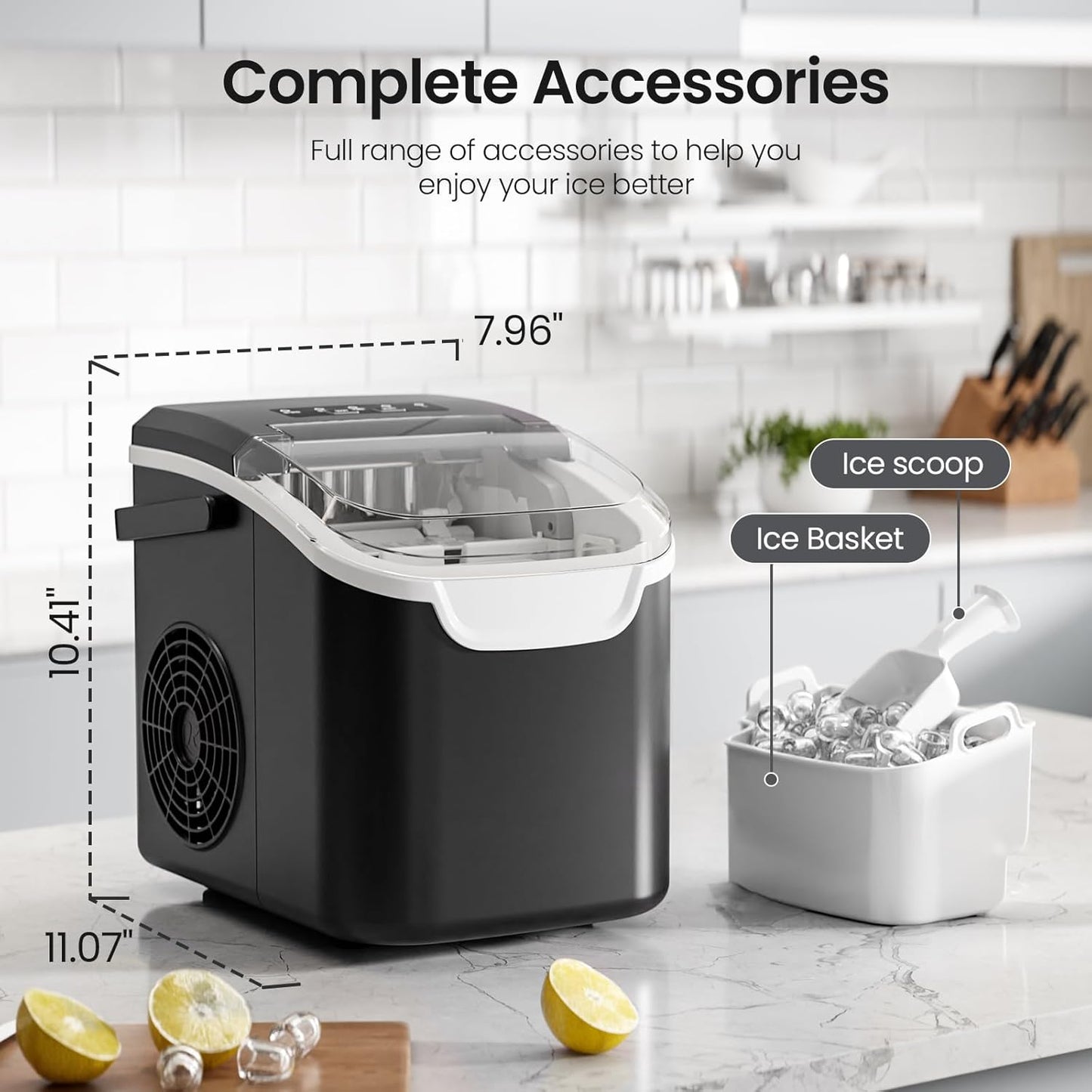 Kismile Ice Makers Countertop with Carry Handle,8 Cubes in 6 Mins,26Lbs/Day,2 Size of Bullet Ice,Portable Ice Maker Machine with Self-Cleaning for Home/Office(Black)