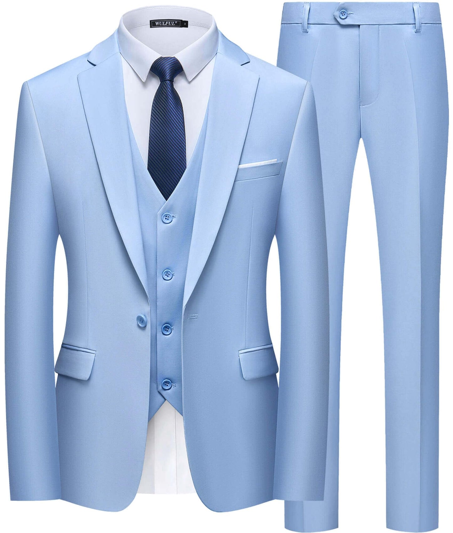 WULFUL Men’s Slim Fit Suit One Button 3-Piece Blazer Dress Business Wedding Party Jacket Vest & Pant