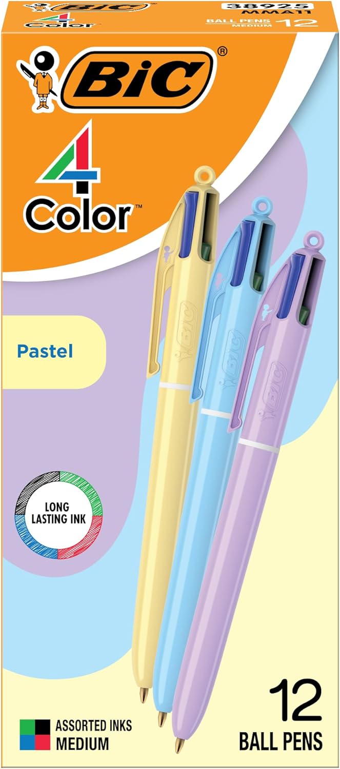 BIC 4 Color Pastel Ballpoint Pen with 1.0 mm Medium Point, Retractable, 12-Count Pack in Assorted Ink