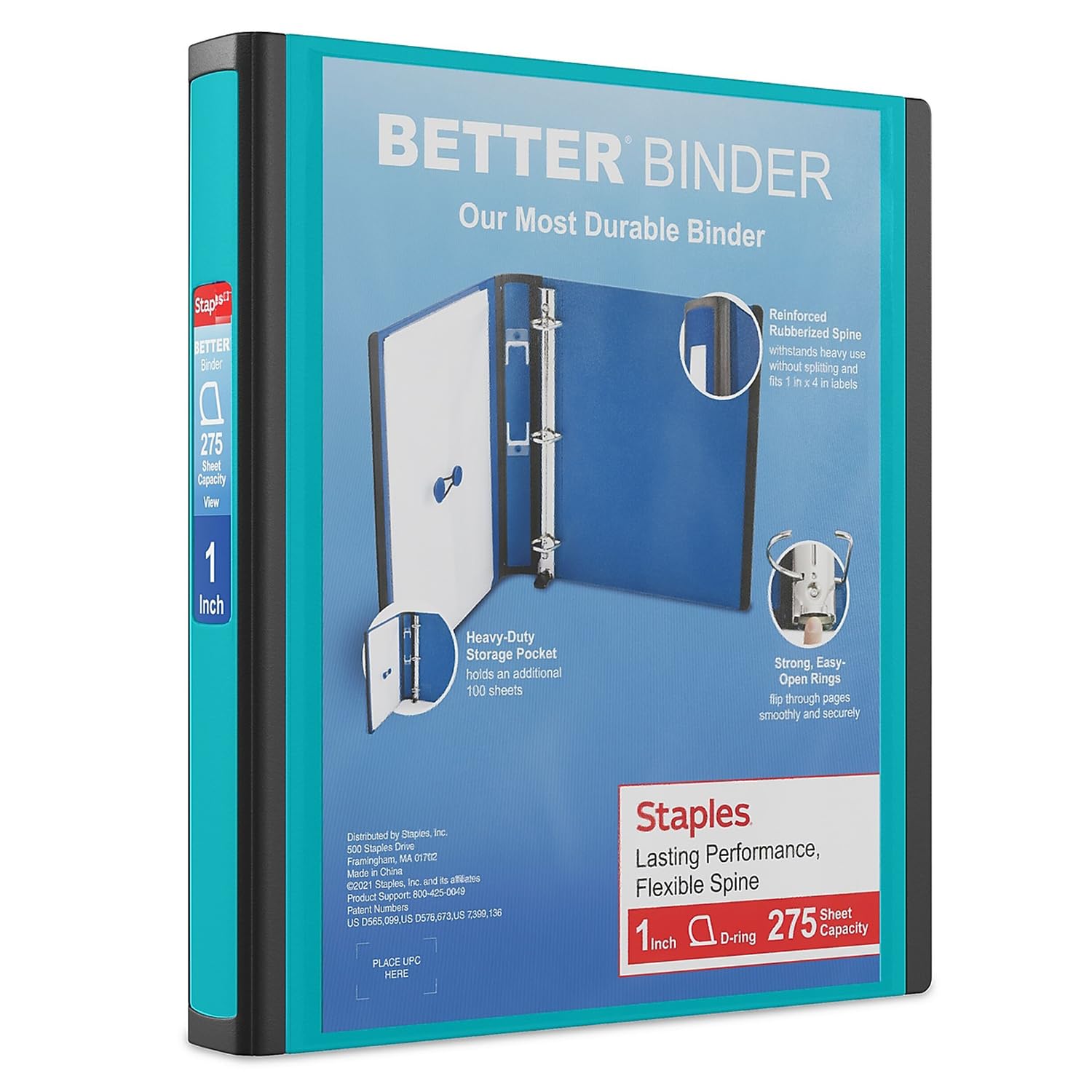STAPLES 3 Inch BetterView Binder with D-Rings (Teal)