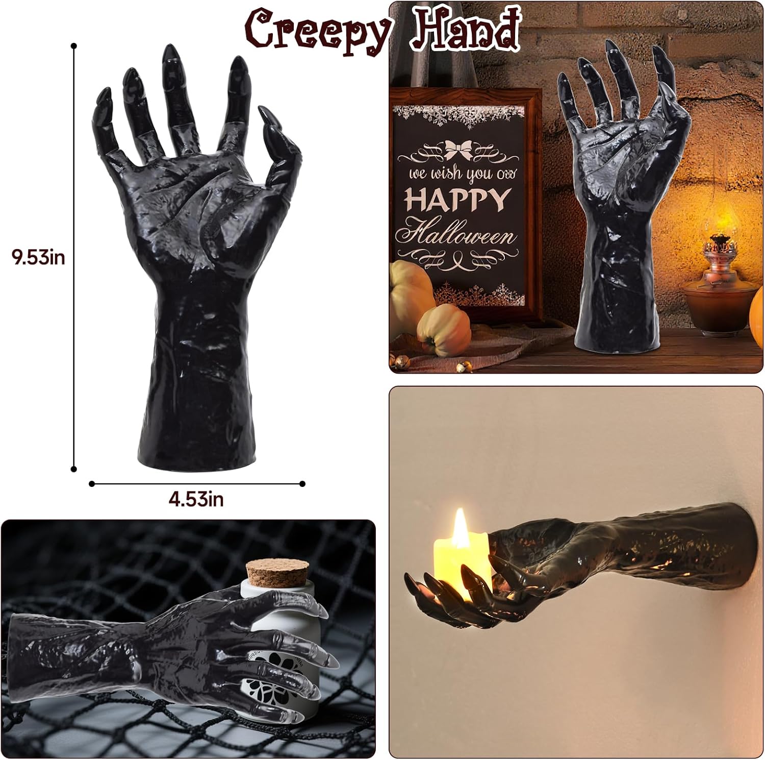 Halloween Decorations Indoor Gothic Decor: Pack of 3 Wall Mounted Creepy Reaching Hands with Lighted Candles for Gothic Wall Decorations
