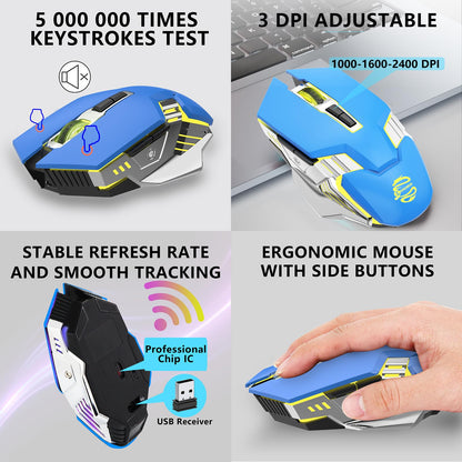 Bluetooth Gaming Mouse, RGB Rechargeable USB Wireless Mouse, Quiet Click, LED Backlit, Ergonomic, with Side Button, 6 Button, DPI Adjustable, Computer Mice for Laptop PC MacBook Chromebook - Grey