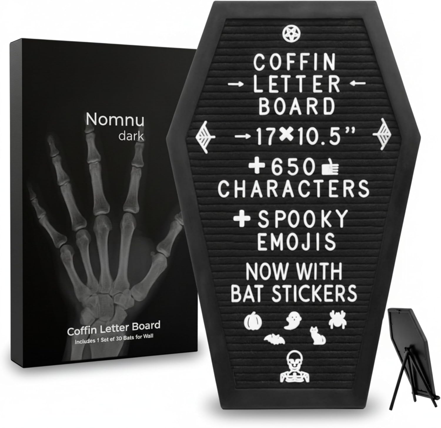 Coffin Letter Board Black +3D Bat Stickers +650 Characters, Spooky & Seasonal Emojis, Wooden Stand - 17x10.5 Inches - Coffin Shaped Goth Decor Sign Witchy Halloween Decorations Gothic Decor Birthday Wedding Home Spooky Gifts