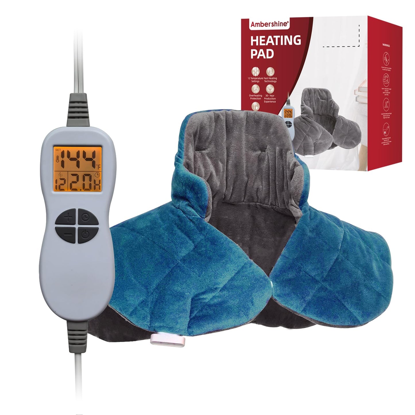 Ambershine 26"x35" XXXL King Size Neck& Shoulder& Back Heating Pad with 12 Temperature Settings& 4 Auto-Off Countdown Timers, Pain Relief for Back/Neck/Shoulder, Christmas gift for mom dad (Dark Gray)