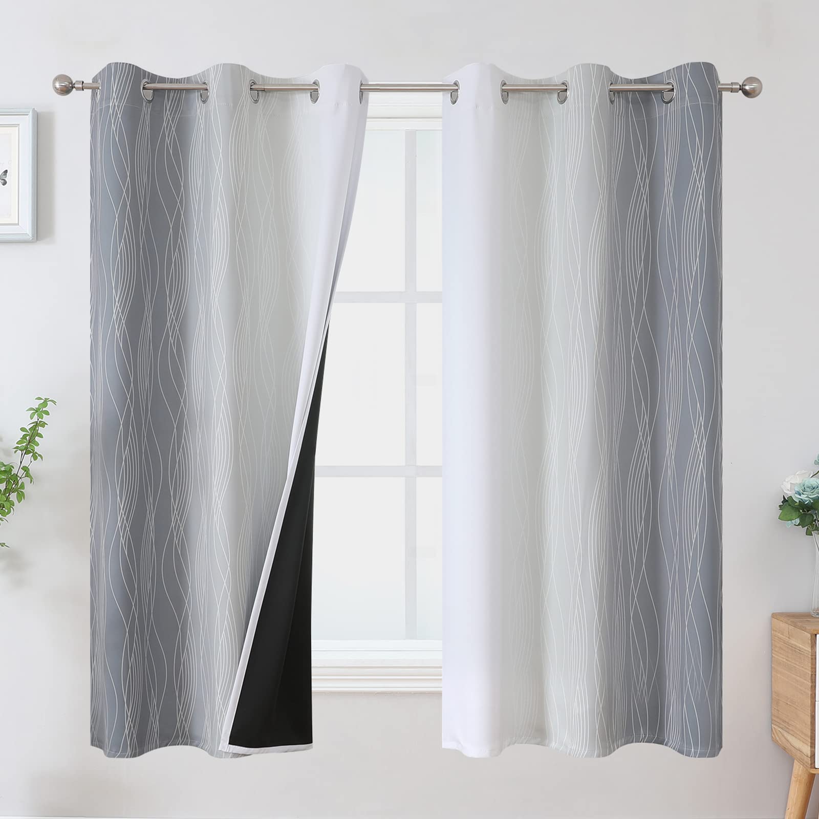 Estelar Textiler Beige and Greyish White Blackout Curtains for Living Room, Full Room Darkening Gradient Drapes for Bedroom, Thermal Insulated Ombre Grommet Curtains for Dining Room,52Wx84L,2 Panels