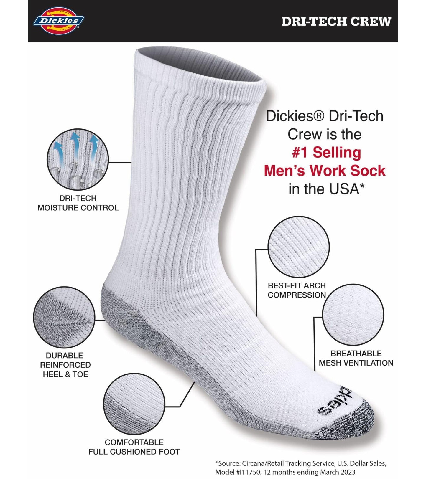 Dickies Men's Dri-Tech Original Moisture Control Crew Socks, Available in M-XXL (6, 12, 18 Pairs)