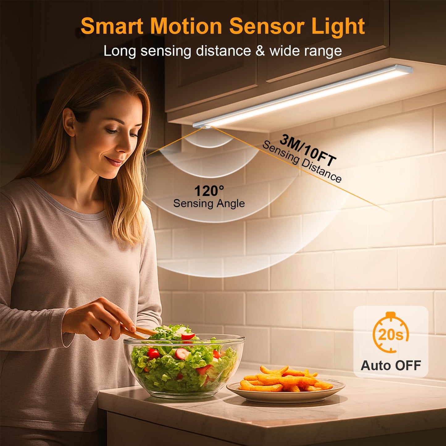 Gritin 10.2inch Under Cabinet Lighting Rechargeable -84 LED Super Bright,3-Color& 5 Level Brightness,4 Modes,Motion Sensor,Long Lasting- Easy Installation Magnetic Under Cabinet Closet Lights -2 Pack