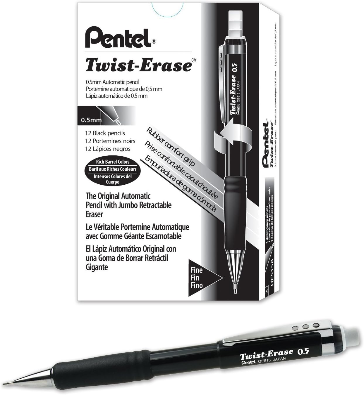 Pentel Twist-Erase III Mechanical Pencil ,0.5mm , Black Barrel, 12 Pack (QE515A)