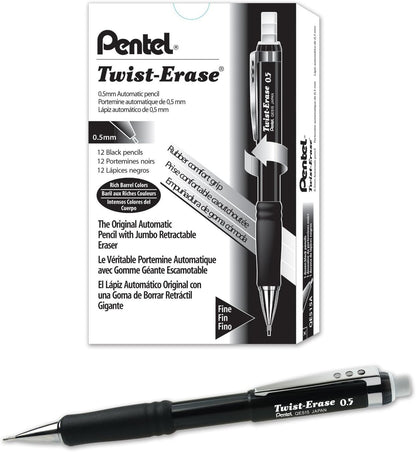 Pentel Twist-Erase III Mechanical Pencil ,0.5mm , Black Barrel, 12 Pack (QE515A)