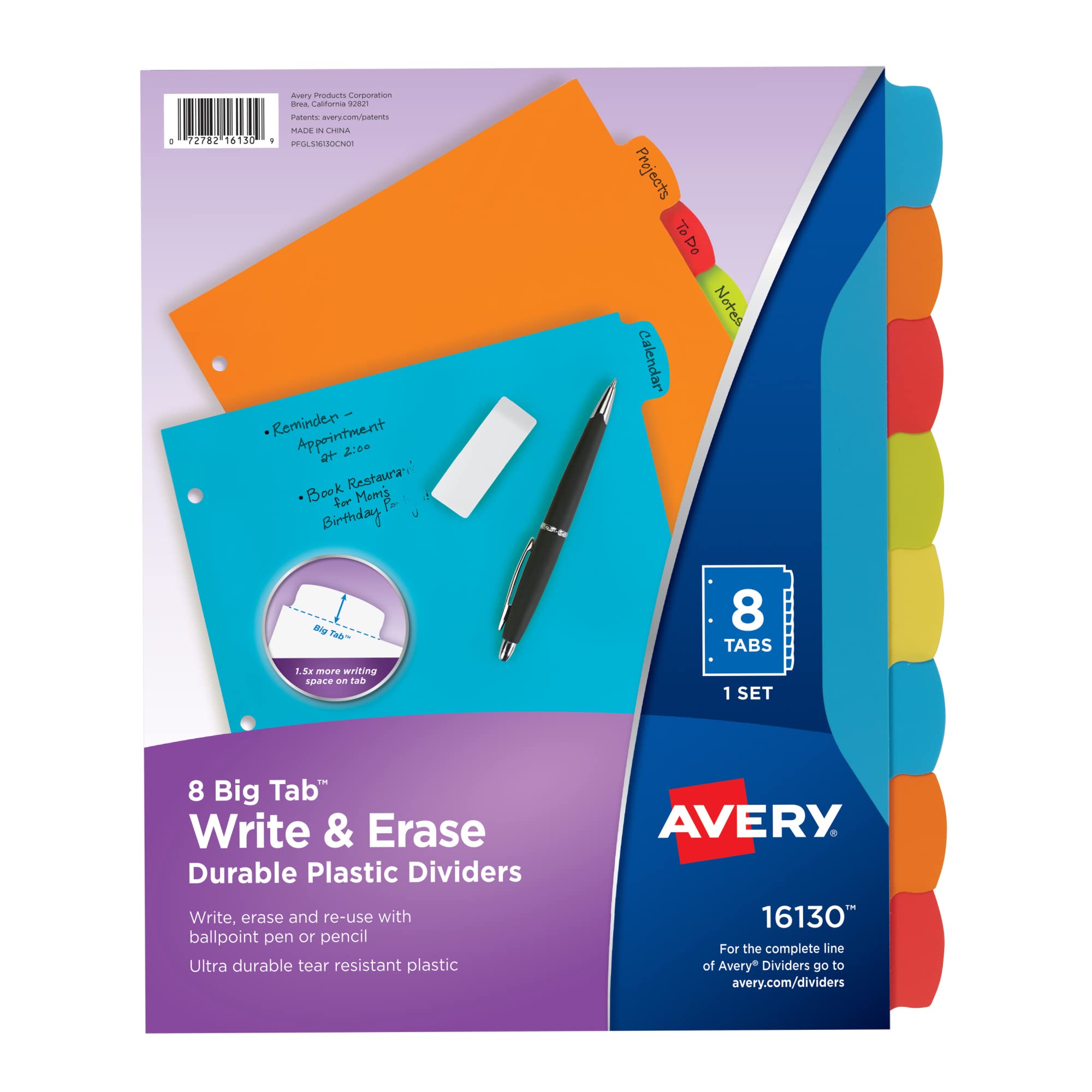 Avery Big Tab Write & Erase Durable Plastic Dividers for 3 Ring Binders, 8-Tab Set, Bright Multicolor, 1 Set (16130)