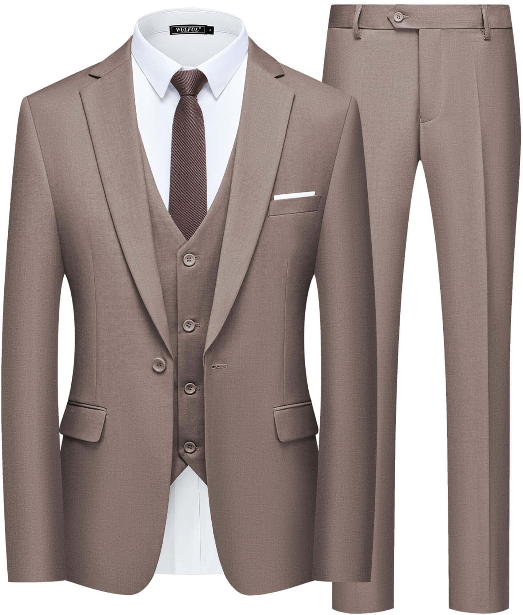 WULFUL Men’s Slim Fit Suit One Button 3-Piece Blazer Dress Business Wedding Party Jacket Vest & Pant