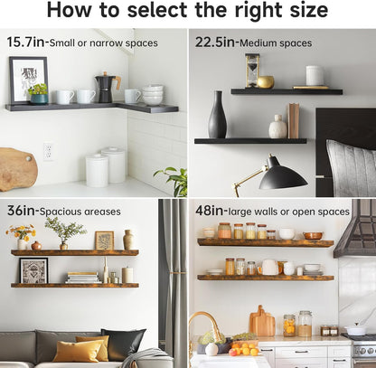 BAYKA Floating Shelves for Wall, Wall Mounted Rustic Wood Shelves for Bathroom, Bedroom, Living Room, Kitchen, Hanging Shelf for Books/Storage/Room Decor with 22lbs Capacity (Black, Set of 3, 15.7in)