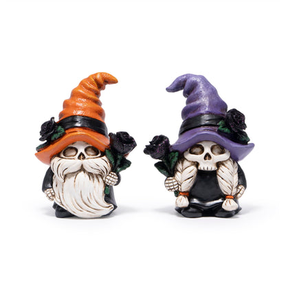Hodao Halloween Gnomes Decorations Indoor, Resin Halloween Skull Head Handmade Figurines with Witch Hat & Rose Decor for Gift Home Bedroom Party Office Table - 2 Pcs, Black Hats