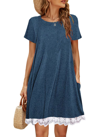Halife Womens Summer Casual Tshirt Dress Loose Lace Hem Short Sleeve Beach Sundresses with Pockets