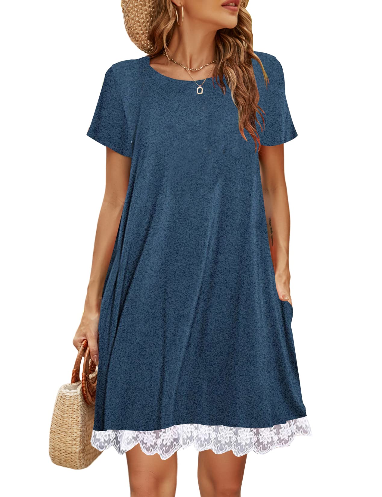 Halife Womens Summer Casual Tshirt Dress Loose Lace Hem Short Sleeve Beach Sundresses with Pockets