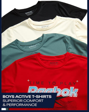 Reebok Active Boys Tshirts - 4 Pack Dry Fit Crew Neck Short Sleeve Boys Athletic Shirts Youth Kids Activewear