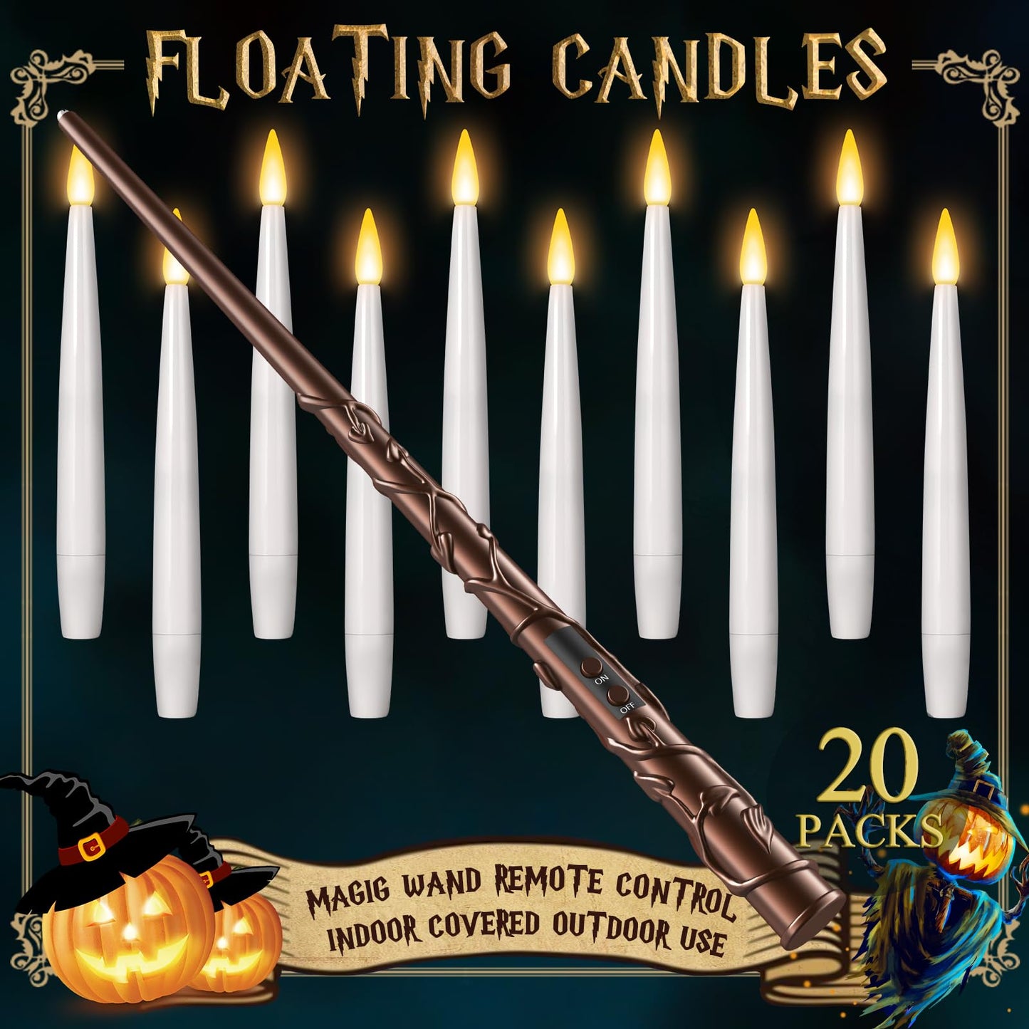 Floating Candles with Wand 10PCs - Magic Hanging Candles Halloween Decorations Flameless Taper Candles with Remote, Floating Lights Gifts for Window Home Bedroom Wedding Birthday Party Indoor Decor