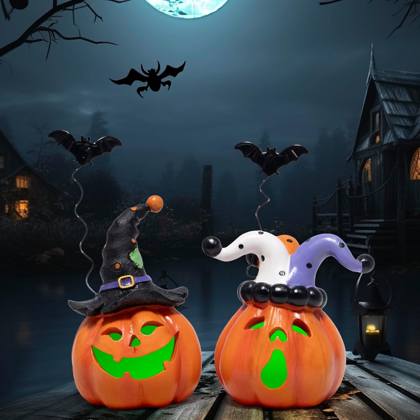 Hodao Halloween Pumpkin Decor Indoor, Resin Halloween Figurines with Light, Jack O Lantern Decorations with Witch Hat & Flying Bat for Home Bedroom Table Office Party Gift - 2 Pcs