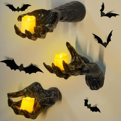 Halloween Decorations Indoor Gothic Decor: Pack of 3 Wall Mounted Creepy Reaching Hands with Lighted Candles for Gothic Wall Decorations
