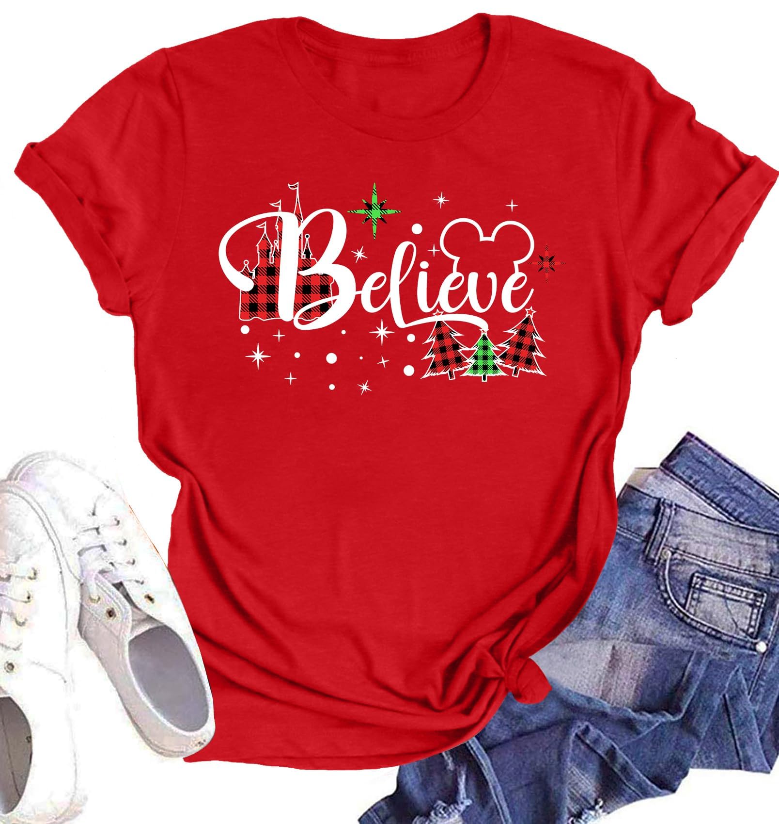 Believe Christmas Shirt for Women Christmas Tree Graphic T-Shirts Believe Letter Print Tees Holiday Tops