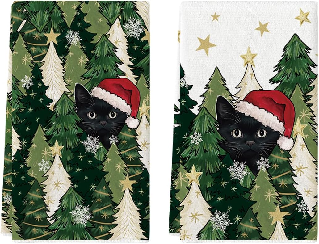 Artoid Mode Black Cat Star Xmas Tree Christmas Kitchen Towels Dish Towels, 18x26 Inch Farmhouse Holiday Winter Decoration Cleaning Set of 2