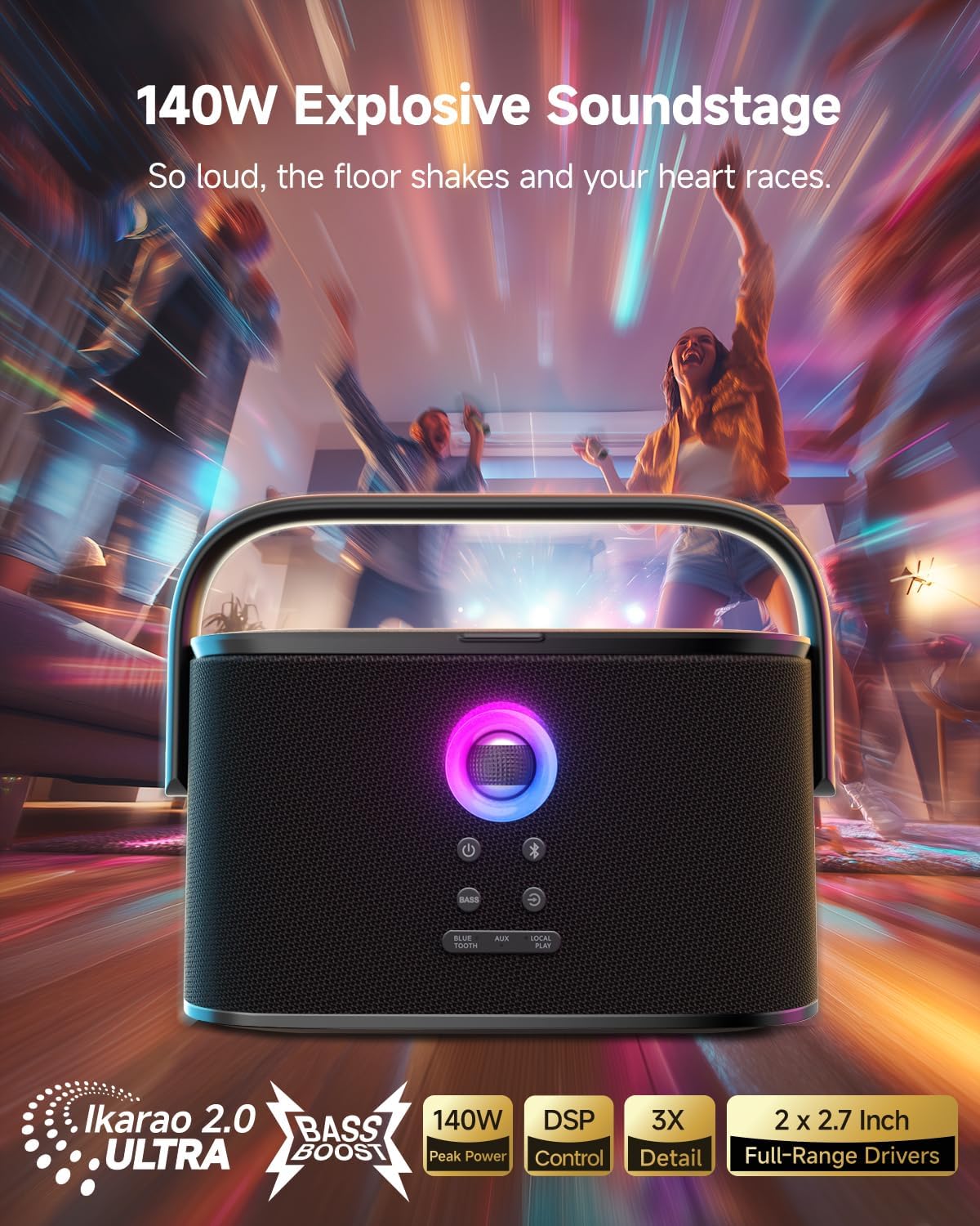 Ikarao Portable Karaoke Machine for Adults, Built-in Lyrics Display and Screen, 2 Self-Charging Wireless Microphones, Karaoke App, 140W Speaker, Connects to TV for Home Party Birthday Outdoor Camping