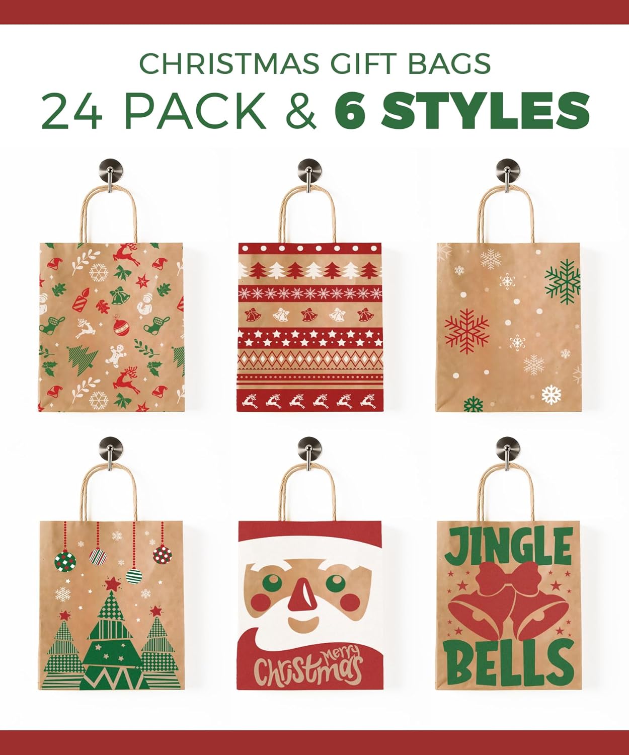 24-Pack Christmas Gift Bags – 6 Assorted Xmas Designs, Small Christmas Goody Bags Bulk with Handles for Wrapping Gifts, Party Favors and Holiday Decor