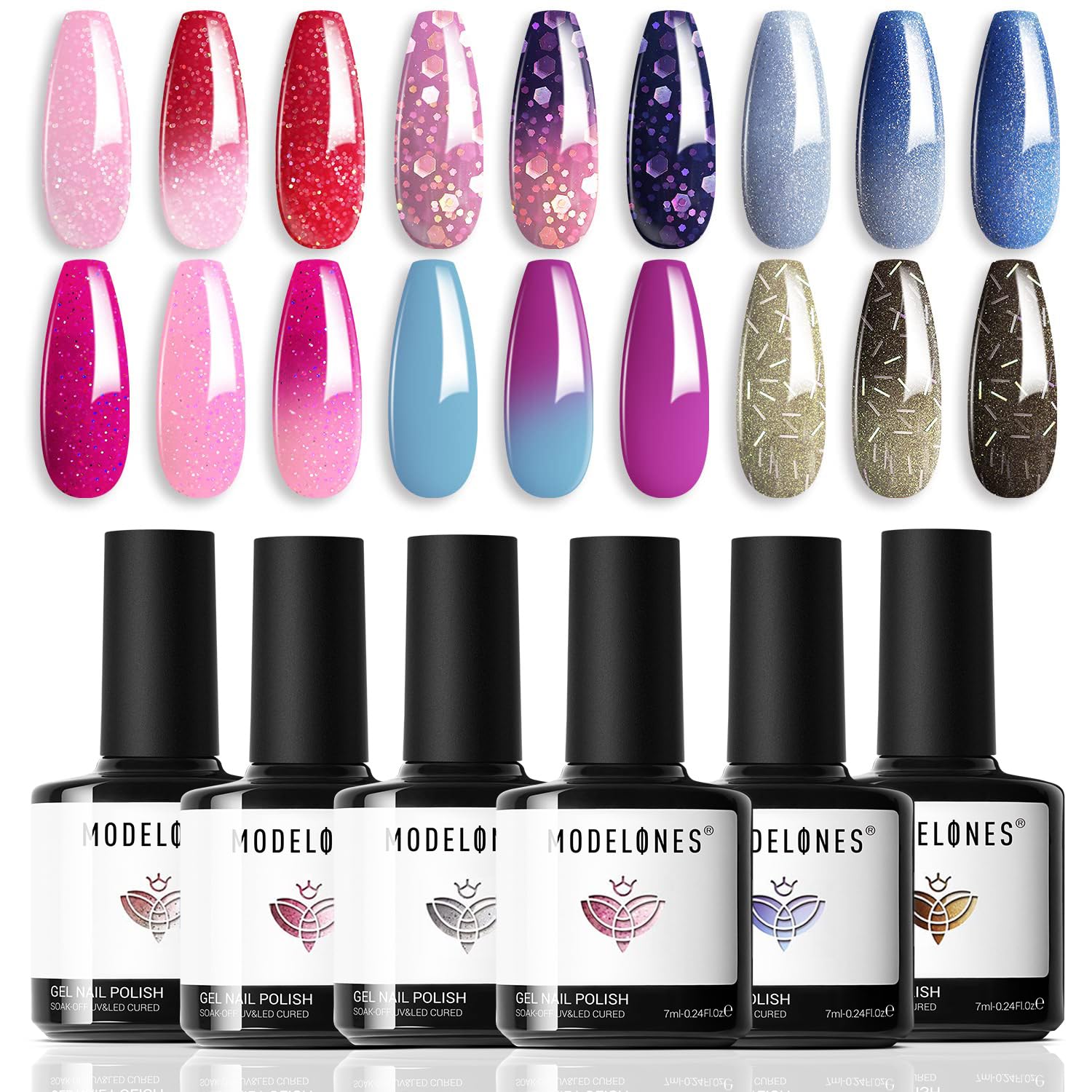 modelones Christmas Gel Nail Polish Set, 6 Colors Cat Eye Red Green Glitter Gold Silver Winter Gel Polish Kit with Magnet Nail Stickers Soak Off Led Nail Art Manicure Salon DIY New Year Holiday Gifts