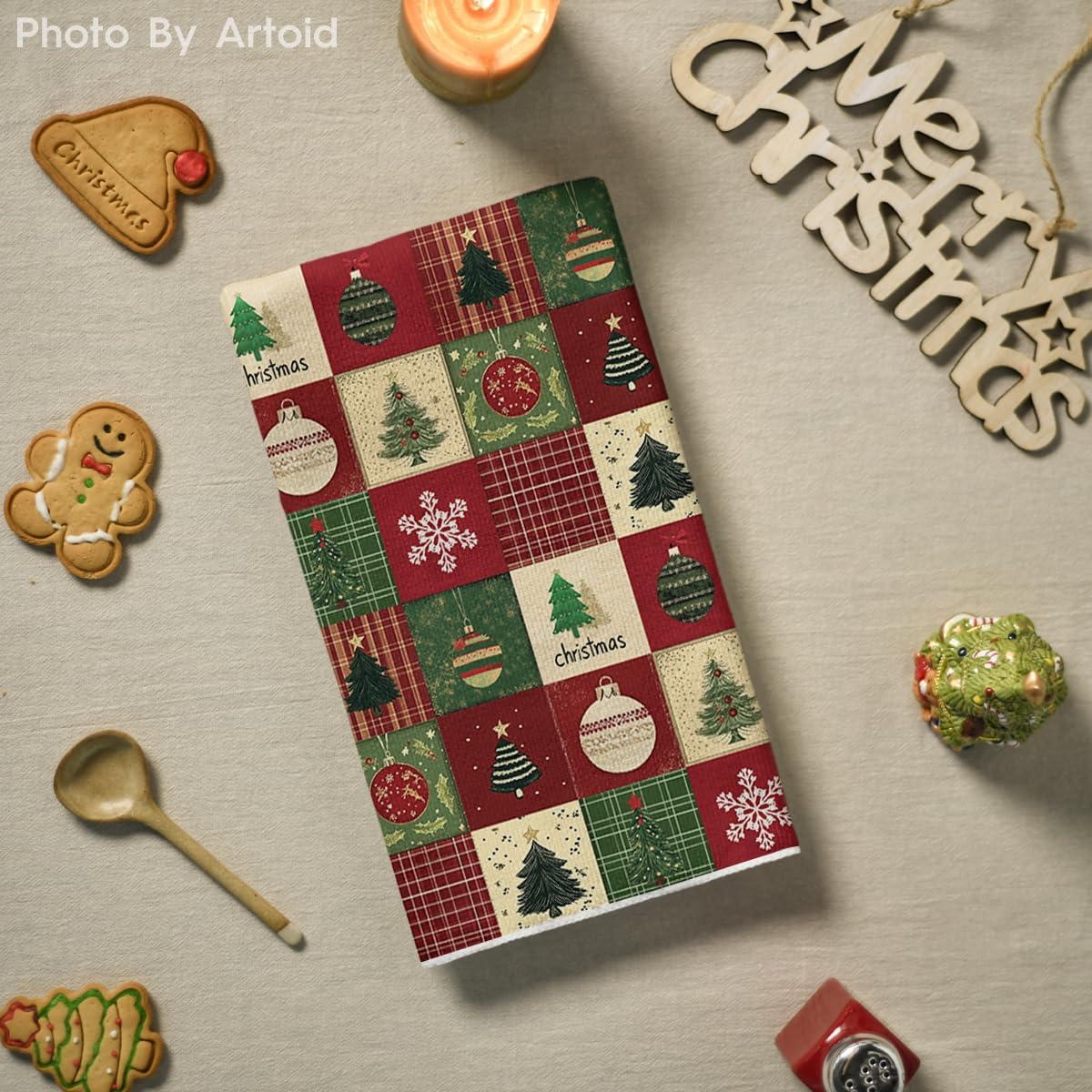 Artoid Mode Checkered Xmas Tree Ornaments Christmas Kitchen Towels Dish Towels, 18x26 Inch Farmhouse Holiday Snowflake Decoration Cleaning Set of 2