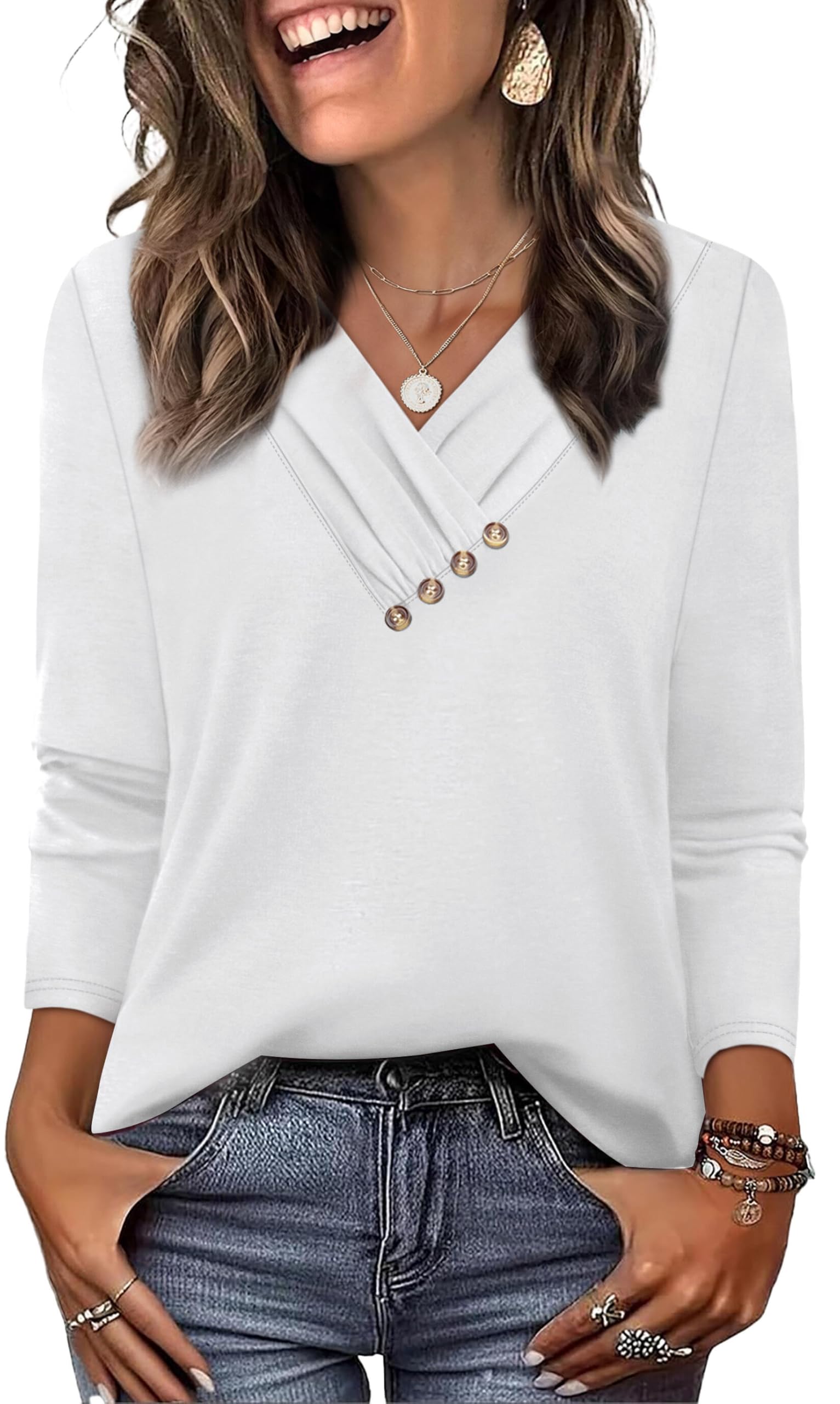 WIHOLL Long Sleeve Shirts for Women Fall Outfits V Neck T Shirts Button Down Tunic Tops Fashion Clothing