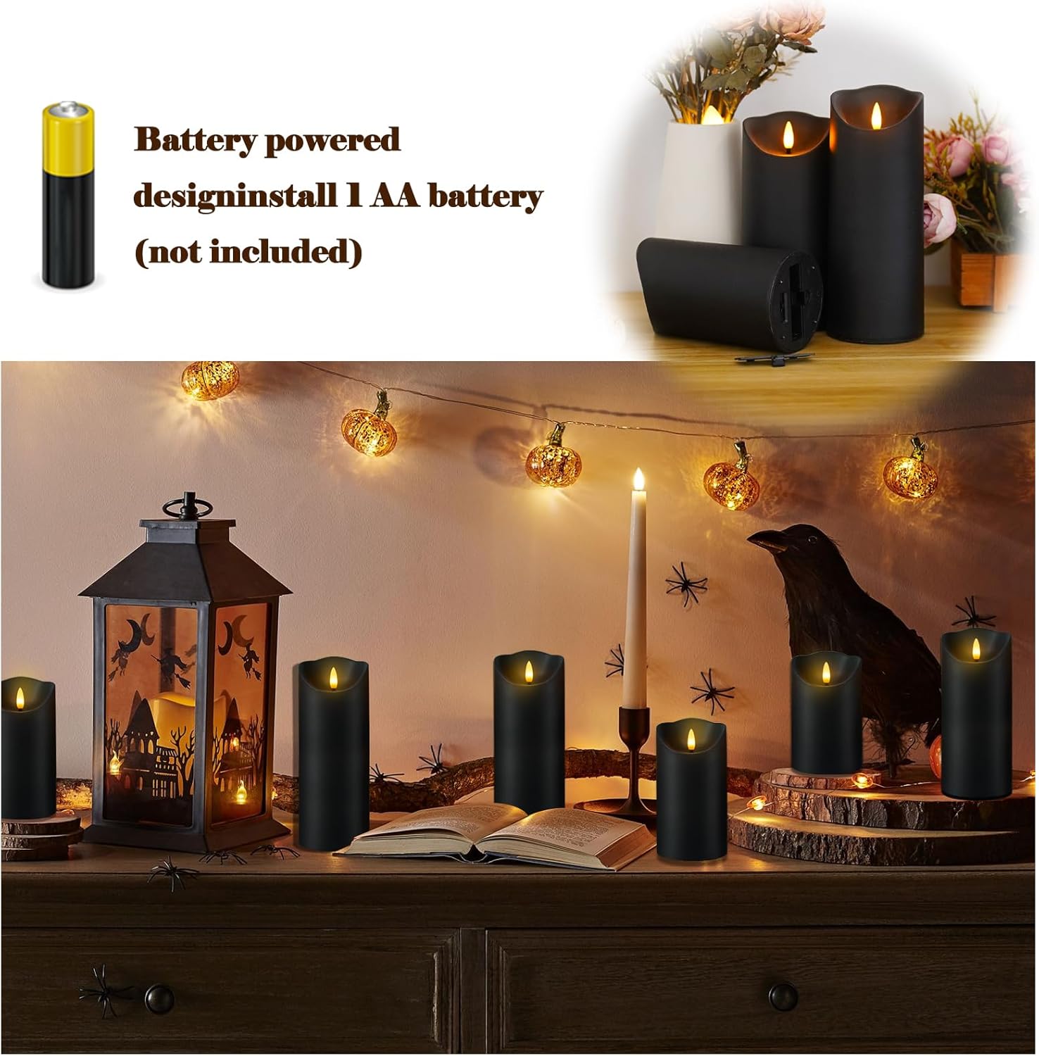 Fo32won Flameless Flickering Candles with Remote Timer, Set of 6 Led Black Battery Operated Candles for Home Decor Xmas Halloween (D3 x H3 3" 4" 5" 6" 7")