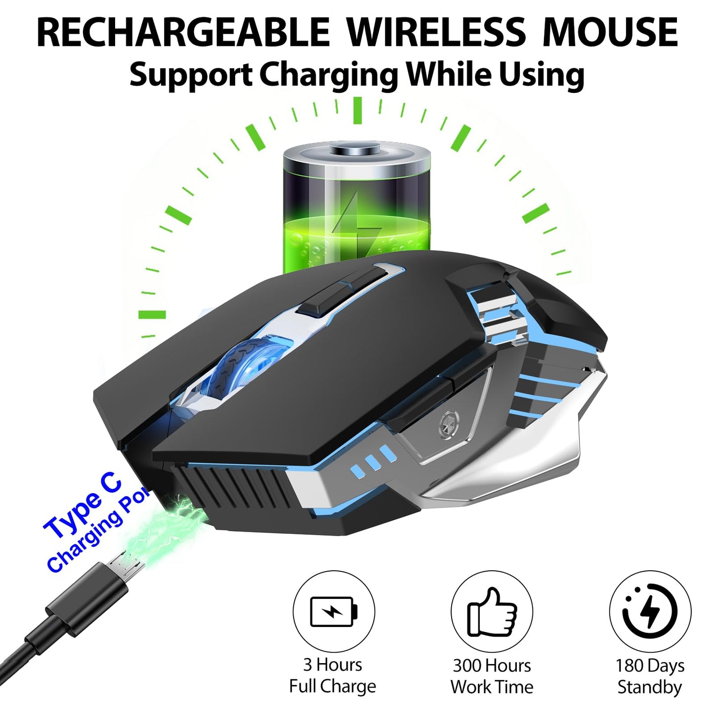 Bluetooth Gaming Mouse, RGB Rechargeable USB Wireless Mouse, Quiet Click, LED Backlit, Ergonomic, with Side Button, 6 Button, DPI Adjustable, Computer Mice for Laptop PC MacBook Chromebook - Grey